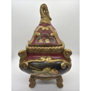 Raymond Waites Rare Vintage Ceramic Canister with Lid Ornate Gold footed W/fruit